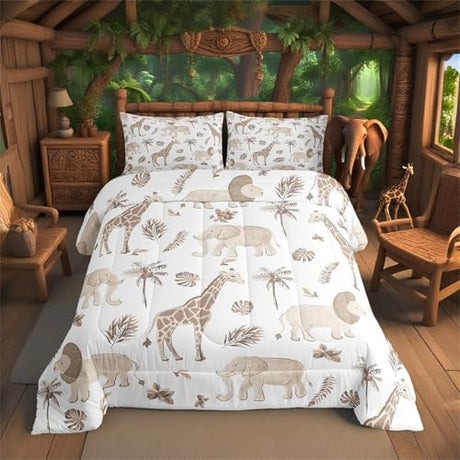 Feelyou Jungle Animals Comforter Twin Size Elephant Lion Giraffe Animal Bedding Sets African Safari Animal Duvet Set for Kids Boys Girls Hunter Brown Rust Wildlife Down Quilt Feelyou