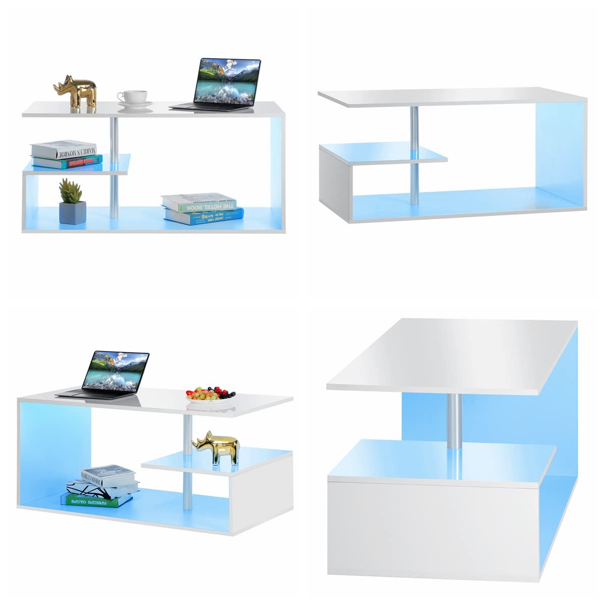 HOMMPA LED Coffee Tables for Living Room Modern White Coffee Table with S-Shaped 3 Tiers Open Storage Shelf High Gloss Center Sofa Tea Table with LED Lights for Home Office Furniture White 18" Tall HOMMPA