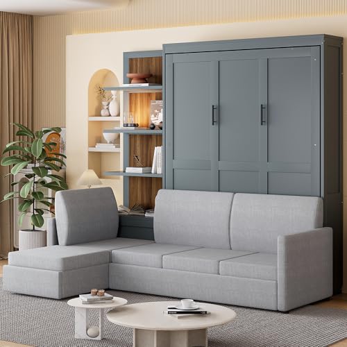 THINK 30 Murphy Bed with Sofa and Shelves, Versatile Wall Bed, Foldable Murphy Bed, Queen Size, Gray THINK 30