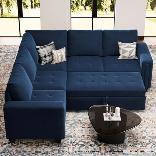 Belffin Modular Sectional Sleeper Sofa with Pull Out Couch Bed Velvet Convertible L Shaped Sectional Couch for Living Room Apartment Blue Belffin