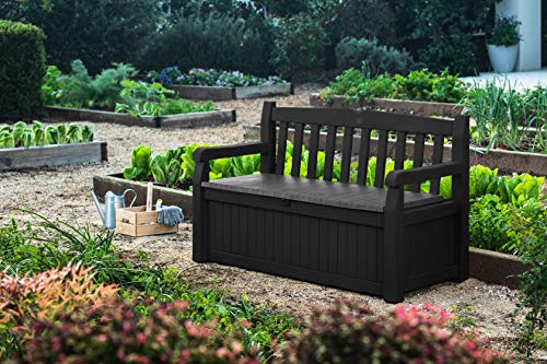 Keter Solana 70 Gallon Storage Bench Deck Box for Patio Furniture, Front Porch Decor and Outdoor Seating – Perfect to Store Garden Tools and Pool Floats, Graphite Keter