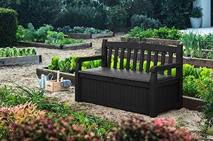 Keter Solana 70 Gallon Storage Bench Deck Box for Patio Furniture, Front Porch Decor and Outdoor Seating – Perfect to Store Garden Tools and Pool Floats, Graphite