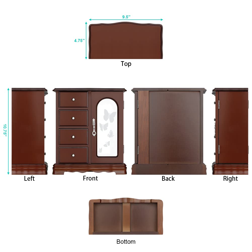 RR ROUND RICH DESIGN Jewelry Box - Made of Solid Wood with 4 Drawers Organizer and Built-in Necklace Carousel and Large Mirror Brown RR ROUND RICH DESIGN