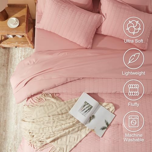 Laojin Balhen Twin Comforter Set 5 Pieces, Pink Seersucker Bed in a Bag Set Twin Size, All Season Luxury Bedding Sets with Comforter, Sheets, Pillowcase & Sham Laojin Balhen