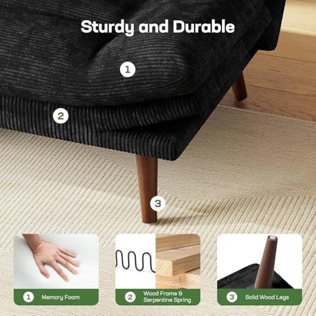 Marsail Futon Sofa Bed, 66” Futon Couch with Adjustable Backrest & Armrests, Convertible Small Sleeper Sofa Bed for Small Apartments, Study Room, Office, Corduroy Loveseat, Black Marsail