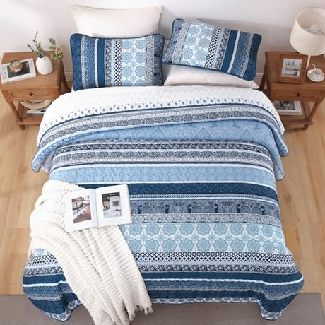 WONGS BEDDING Boho Quilt Set Queen Size, Navy Blue Bohemian 3 Pieces Quilt Sets, Lightweight Microfiber Bedspread Coverlet Bedding Set for All Season (96"x90") WONGS BEDDING