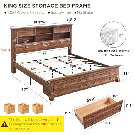 Farmhouse King Size Bed Frame with 54" Tall Headboard, Headboard with 4 Storage Rack, 2 Drawers, Wood Platform Bed Frame,18" Roman Column Decoration Footboard, No Box Spring Needed(Reclaimed Barnwood) T4TREAM