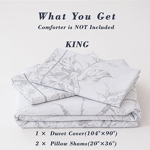ALEISSEL 100% Natural Cotton 3pcs Floral Duvet Cover Sets-Grayish White Duvet Cover with Gray Luxurious Flowers & Branches Pattern,Botanical Comforter Cover Sets with Button Closure(King,Botanical ALEISSEL