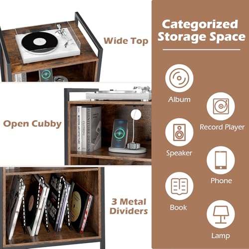 LOKO Record Player Stand with Charging Station, 3-Tier Vinyl Turntable Stand On Wheels with Open Shelves, Metal Dividers, Industrial End Table Turntable Holder for Bedroom, Living Room LOKO