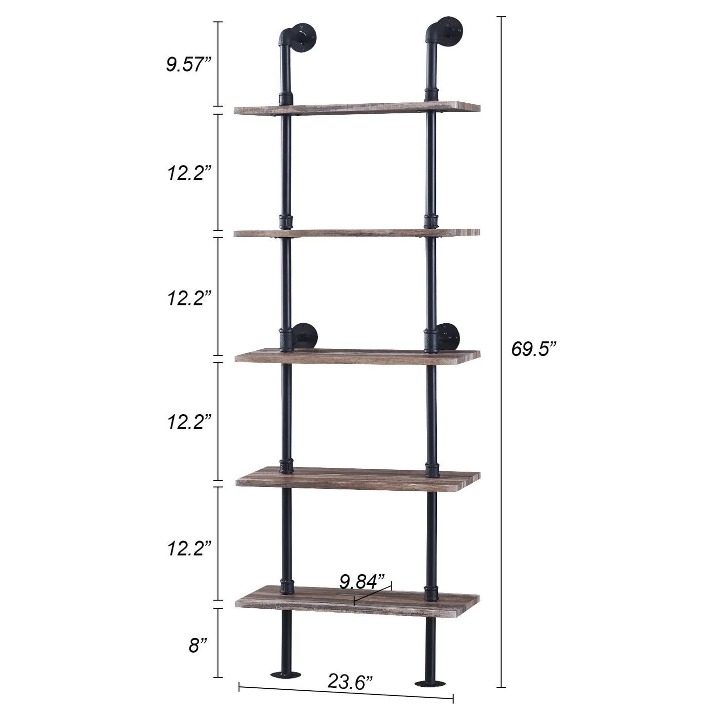 HOMBAZAAR 5-Tier Industrial Pipe Ladder Shelf - Oak Brown Wall Mounted Bookshelf for Home and Office - WoodArtSupply