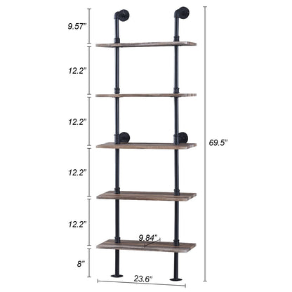 HOMBAZAAR 5-Tier Industrial Pipe Ladder Shelf - Oak Brown Wall Mounted Bookshelf for Home and Office - WoodArtSupply