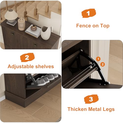 Garvee Shoe Cabinet with 2 Flip Drawers, Modern Narrow Wave Shoe Organizer with Adjustable Shelves, Wooden Freestanding Shoe Cabinet for Entryway, Living Room, Hallway, Walnut Garvee