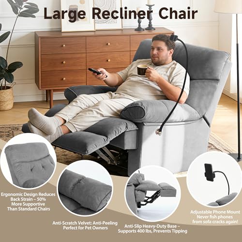 GNMLP2020 Oversized Recliner Chairs, Manual Large Recliners, Big Mans Recliner Chair for Adults 400lbs, Extra Wide Single Reclining Sofa Chair for Living Room, RV, Grey