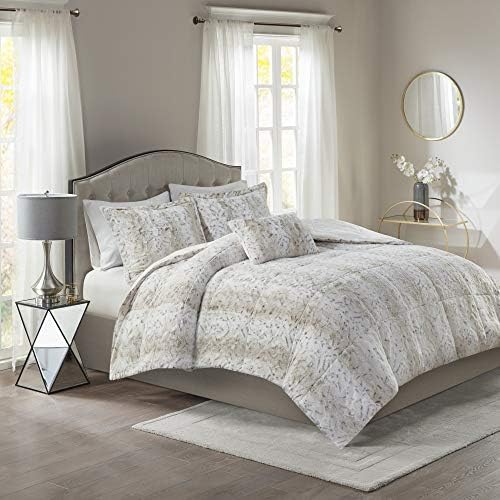Madison Park Zuri Soft Plush Comforter Set, Faux Fur Animal Stripes Design, Faux Mink On The Reverse, Modern All Season Bedding Set with Matching Sham, King, Snow Leopard 4 Piece Madison Park