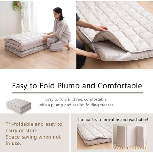 EMOOR Japanese Tri-fold Futon Mattress Machi with Mattress Pad Small-Twin Gray, Gusset Foldable Storable Washable Floor Sleeping Guest Bed Tatami Mat EMOOR