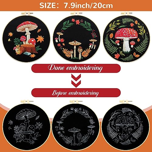 Crowye 5 Sets Mushroom Embroidery Kit Cross Stitch Kits for Beginners Cross Stitching Set for Adult DIY Stamped Starter Needlepoint with Thread Needle for Craft Lover