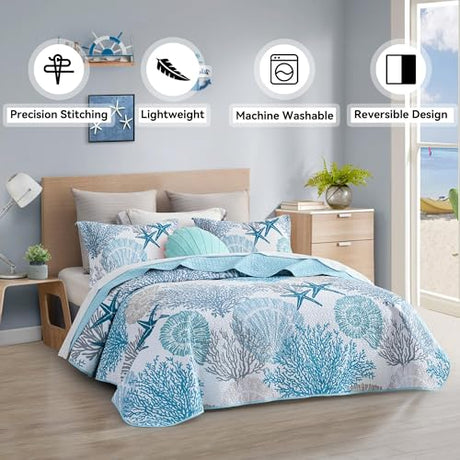Tritard 3 Piece Coastal Quilt Sets Full/Queen Size - Reversible Microfiber Quilts with 2 Shams Soft Lightweight Beach Bedding Nautical Bedspread Coverlet Summer Comforter for All Season, 90''x96'', C1 Tritard