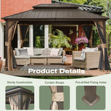 Domi Hardtop Gazebos 10x14FT, Aluminum Metal Gazebo with Galvanized Steel Double Roof Canopy, Curtain and Netting, Permanent Gazebo Pavilion for Patio, Backyard, Deck and Lawn, Brown domi outdoor living