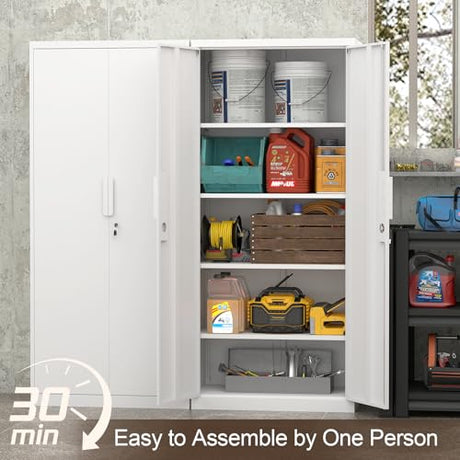 GREATMEET Garage Storage Cabinets, Metal Storage Cabinet with 2 Doors and Shelves, 71" H Metal Pantry, Lockable Storage Cabinets, Tool Storage Utility Cabinet for Office, White GREATMEET