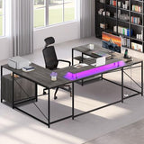 DWVO U Shaped Desk with Drawers, 79" Reversible L Shaped Desk with Power Outlets & LED Lights, Corner Computer Desk with Monitor Stand & Storage Shelves, Grey DWVO