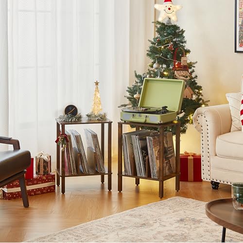 LELELINKY 2-Tier Record Player Stand with Vinyl Record Storage up to 100 Albums, Bedroom Record Holder and Multi-Functional End Table for Living Room, Brown LELELINKY