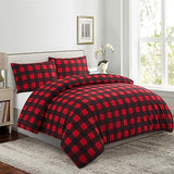 Marina Decoration Soft Silky Rich Printed Rayon from Bamboo All Season 3 Pieces Duvet Cover Fitted Sheet Ensemble Bedding Set with Zipper and Corner Tie, Red Black Plaid Pattern Twin/Single Size Marina Decoration
