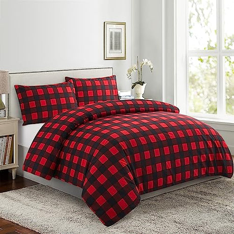 Marina Decoration Soft Silky Rich Printed Rayon from Bamboo All Season 3 Pieces Duvet Cover Fitted Sheet Ensemble Bedding Set with Zipper and Corner Tie, Red Black Plaid Pattern Twin/Single Size Marina Decoration