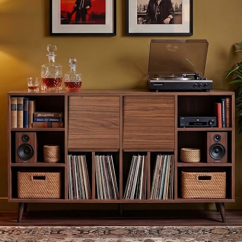 IRONCK Large Record Player Stand 55", Holds 600+ Vinyl Record Storage Cabinet with Charging Station, Mid Century Modern Turntable Stand for Living Room, Bedroom, Brown IRONCK