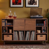 IRONCK Large Record Player Stand 55", Holds 600+ Vinyl Record Storage Cabinet with Charging Station, Mid Century Modern Turntable Stand for Living Room, Bedroom, Brown IRONCK