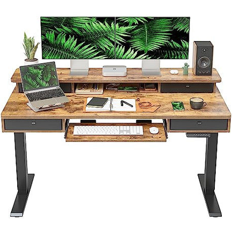 FEZIBO Height Adjustable Electric Standing Desk with 4 Drawers and Keyboard Tray, 55 x 24 Inch Table with Storage Shelf, Sit Stand Desk with Splice Board, Rustic Brown FEZIBO