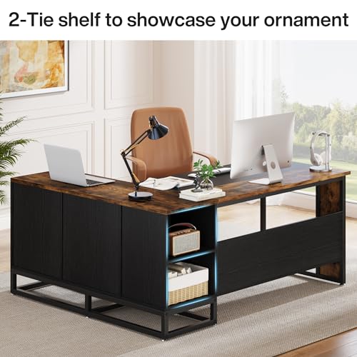 Tribesigns 63" L-Shaped Executive Desk, Large Office Desk with Drawers and Shelves, Rustic Long Business Furniture Desk with File Cabinet Storage Space, Home Office Workstation, Brown & Black - WoodArtSupply