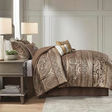 Madison Park Bellagio Cozy Comforter Set - Luxurious Jaquard Traditional Damask Design, All Season Down Alternative Bedding with Matching Shams, Decorative Pillow, Queen(90"x90"), Brown/Gold 7 Piece Madison Park