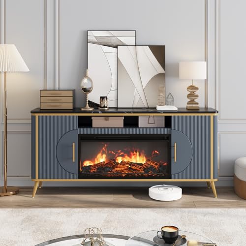 Fluted Fireplace TV Stand Up to 80" TVs, Modern Entertainment Center with 30" Electric Fireplace, Luxury Media Console with Adjustable Shelves for Living Room, Navy Blue RNLRNL