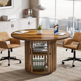 Tribesigns 47-Inch Round Conference Table for 4, Wooden Small Meeting Room Table with Storage Shelf and Solid Wood Base for Office, Conference Room, Brown Tribesigns