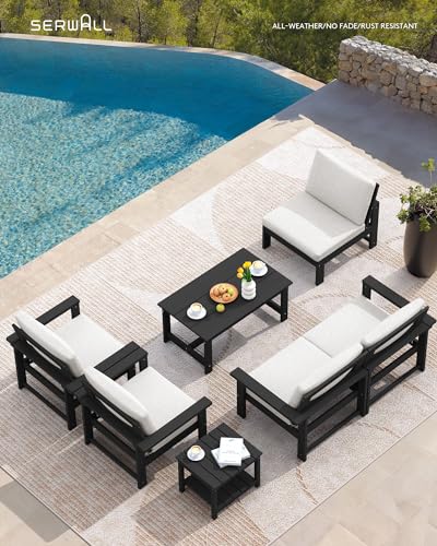 SERWALL HDPE Outdoor Patio Furniture Set, 7-Piece Outdoor Sectional Patio Conversation Set, All Weather Outdoor Couch Set Patio Sofa Set for Deck, Lawn, Black Frame with Khaki Cushion SERWALL