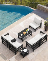 SERWALL HDPE Outdoor Patio Furniture Set, 7-Piece Outdoor Sectional Patio Conversation Set, All Weather Outdoor Couch Set Patio Sofa Set for Deck, Lawn, Black Frame with Khaki Cushion SERWALL
