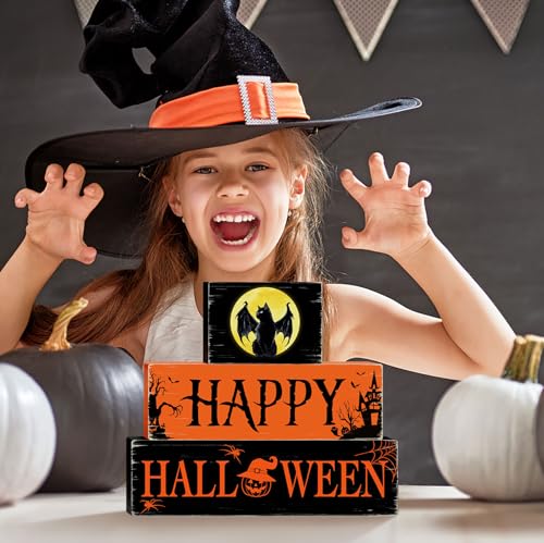 Halloween Black Cat Wooden Table Signs 3 Layered, Happy Halloween Sign Decorations, Spooky Wooden Ornaments Rustic Wooden Blocks Tabletop Decor for Home Tiered Tray Table Shelf Decor CIOEY