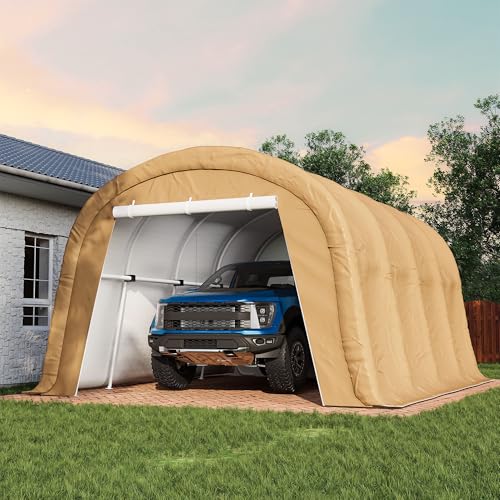 COSIEST 13'×20' Storage Shelter Outdoor Round Carport, Heavy-Duty Garage Canopy with Dual Roll-Up Doors Weatherproof PE Cover, Multi-Purpose Vehicle/Tractor Shed for Backyard/Driveway/Farm(Beige) COSIEST