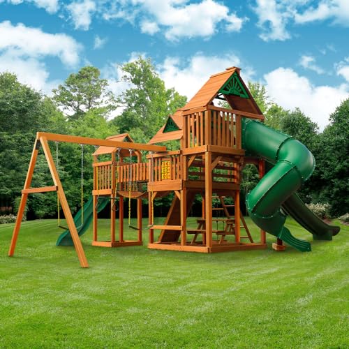 Gorilla Playsets 01-1034-AP Treasure Trove II Wood Swing Set with Wood Roof, 3 Slides, and Clatter Bridge, Amber