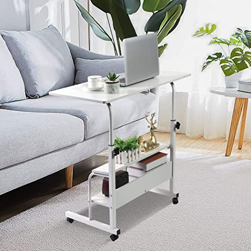 Adjustable Table Student Computer Portable Home Office Furniture Small Spaces Sofa Bedroom Bedside Desk Learn Play Game Desk on Wheels Movable with Storage Desk Size 31.5 * 15.7 Inch,White D