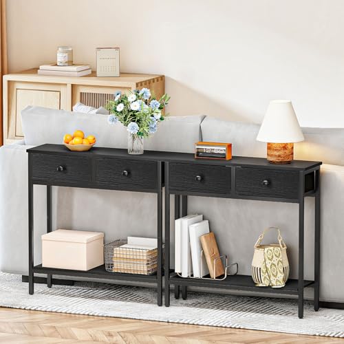 HOOBRO 29.5" Narrow Console Table with 2 Fabric Drawers, Small Entryway Table with 2-Tier Storage Shelves, Sofa Table, Behind Couch Table, for Living Room, Hallway, Black BB71XG01 HOOBRO