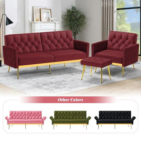ACMEASE Velvet Sofa Bed w/Adjustable Armrests & Backrests, Modern Convertible Sleeper Sofa, Tufted Futon Sofa for Bedroom, Living Room, Apartment, Red ACMEASE