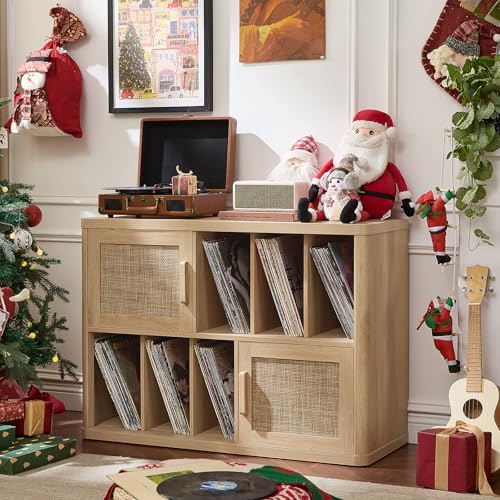 LEYAOYAO Large Record Player Stand with Vinyl Storage Up to 450 Albums, Wood Rattan Boho Record Storage Accent Cabinet, Modern Stereo Media Cabinets, Wide Turntable Stand for Living Room, Natural Oak LEYAOYAO