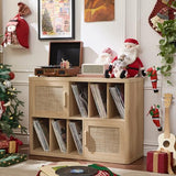 LEYAOYAO Large Record Player Stand with Vinyl Storage Up to 450 Albums, Wood Rattan Boho Record Storage Accent Cabinet, Modern Stereo Media Cabinets, Wide Turntable Stand for Living Room, Natural Oak LEYAOYAO