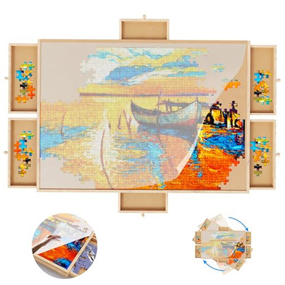 MONOMI 1500 Pieces 360°Rotating Puzzle Board with 6 Drawers and Cover,26"x35" Lightweight Portable Wooden Jigsaw Puzzle Table for Adults Kids - WoodArtSupply