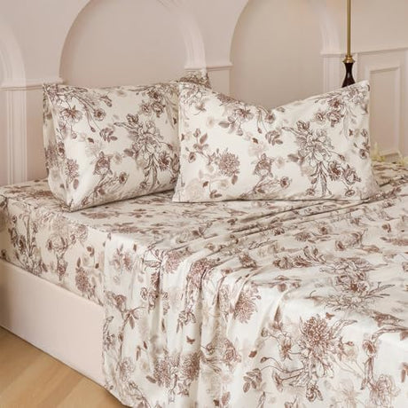 Huborise Brown Floral Bed Sheets Set 100% Cotton Percale Sheets King Size Vintage Toile Flower Printed Sheets, Soft & Breathable Khaki Luxury Bedding, Deep Pocket Fitted Sheet 17.5" 4 Pcs Huborise