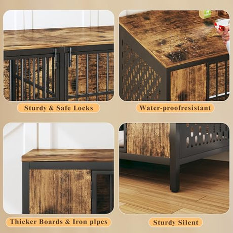 63" Large Double Dog Kennel Furniture for 2 Dogs – Extra Sturdy XXL Metal & Wooden Medium Dog Cage with Removable Divider, Dual Doors & Name Tags – Indoor/Outdoor Crate for Large Breeds HUAHUU