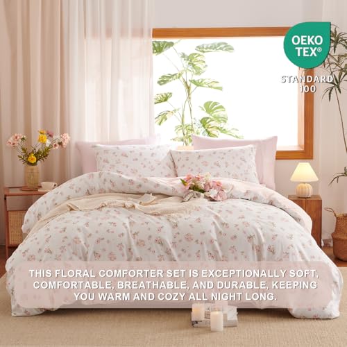 Erwinmu Floral Comforter Set Twin Size - 2 Pieces Pink White Floral Comforter Bedding Sets Reversible Pattern,Twin Bed in a Bag with Flowers Comforter and 1 Pillowcase Erwinmu