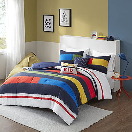 Intelligent Design Kids Cotton Comforter Set-Fun Print and Vibrant Color Modern Design All Season Cozy Bedding, Matching Shams, Decorative Pillow, Twin/Twin XL, Multi Color Blocks with 2 dec pillows Intelligent Design