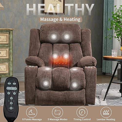 2024 Power Lift Recliner Chair with Full-Body Massage and Heat for Elderly, Hand Remote Control, Upgraded Powerful Motor, Extended Footrest, USB Ports, Stainless Steel Cup Holders, Chenille Brown